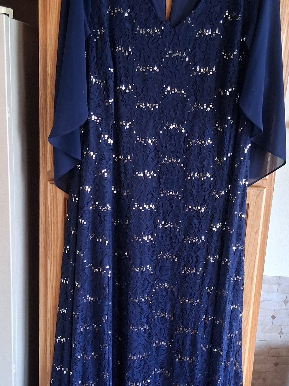 Mother of Bride Formal Navy Lace Maxi Dress with Sheer Cape - Size 24 - Picture 14 of 15